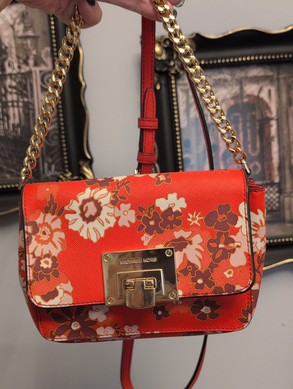 Michael Kors Tina Small Floral Flap Crossbody Bag Orange Red
